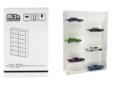 Showcase 12 Car Display Case Wall Mount with White Back Panel "Mijo Exclusives" for 1/64 Scale Models