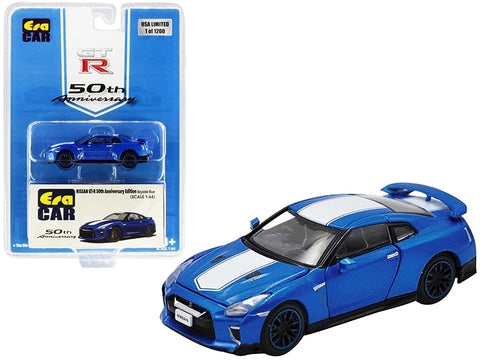 Nissan GT-R RHD (Right Hand Drive) Bayside Blue with White Stripe "50th Anniversary Edition" Limited Edition to 1200 pieces 1/64 Diecast Model Car by Era Car
