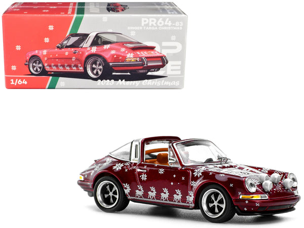Singer Targa Red Metallic with Graphics "2023 Merry Christmas" 1/64 Diecast Model Car by Pop Race