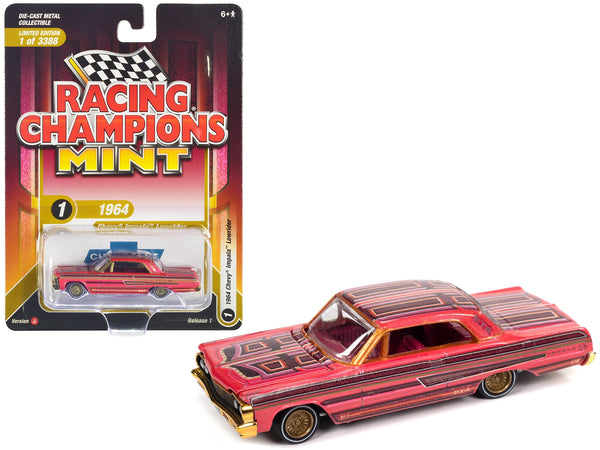 1964 Chevrolet Impala Lowrider Pink with Graphics and Pink Interior "Racing Champions Mint 2023" Release 1 Limited Edition to 3388 pieces Worldwide 1/64 Diecast Model Car by Racing Champions