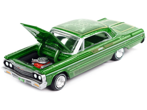 1964 Chevrolet Impala Lowrider Green Metallic with Graphics and Green Interior "Racing Champions Mint 2023" Release 1 Limited Edition to 3388 pieces Worldwide 1/64 Diecast Model Car by Racing Champions