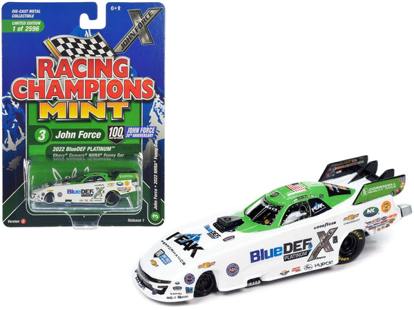 Chevrolet Camaro NHRA Funny Car John Force "BlueDEF Platinum" (2022) "John Force Racing" "Racing Champions Mint 2023" Release 1 Limited Edition to 2596 pieces Worldwide 1/64 Diecast Model Car by Racing Champions