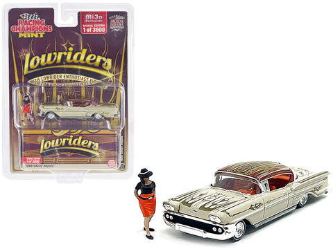 1958 Chevrolet Impala Lowrider Beige with Graphics and Orange Interior with Diecast Figure Limited Edition to 3600 pieces Worldwide 1/64 Diecast Model Car by Racing Champions