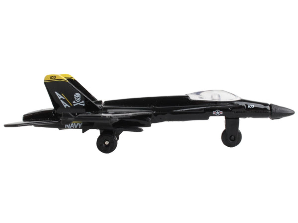 McDonnell Douglas F/A-18 Hornet Fighter Aircraft Black "United States Navy" with Runway Section Diecast Model Airplane by Runway24