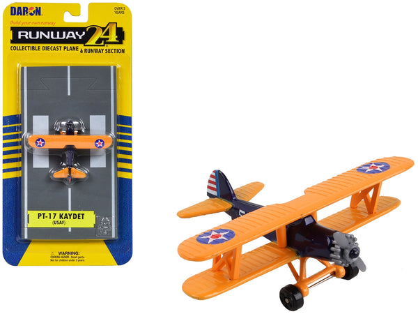 Boeing-Stearman Model 75 PT-17 Kaydet Aircraft Blue and Orange "High Flyer-United States Air Force" with Runway Section Diecast Model Airplane by Runway24