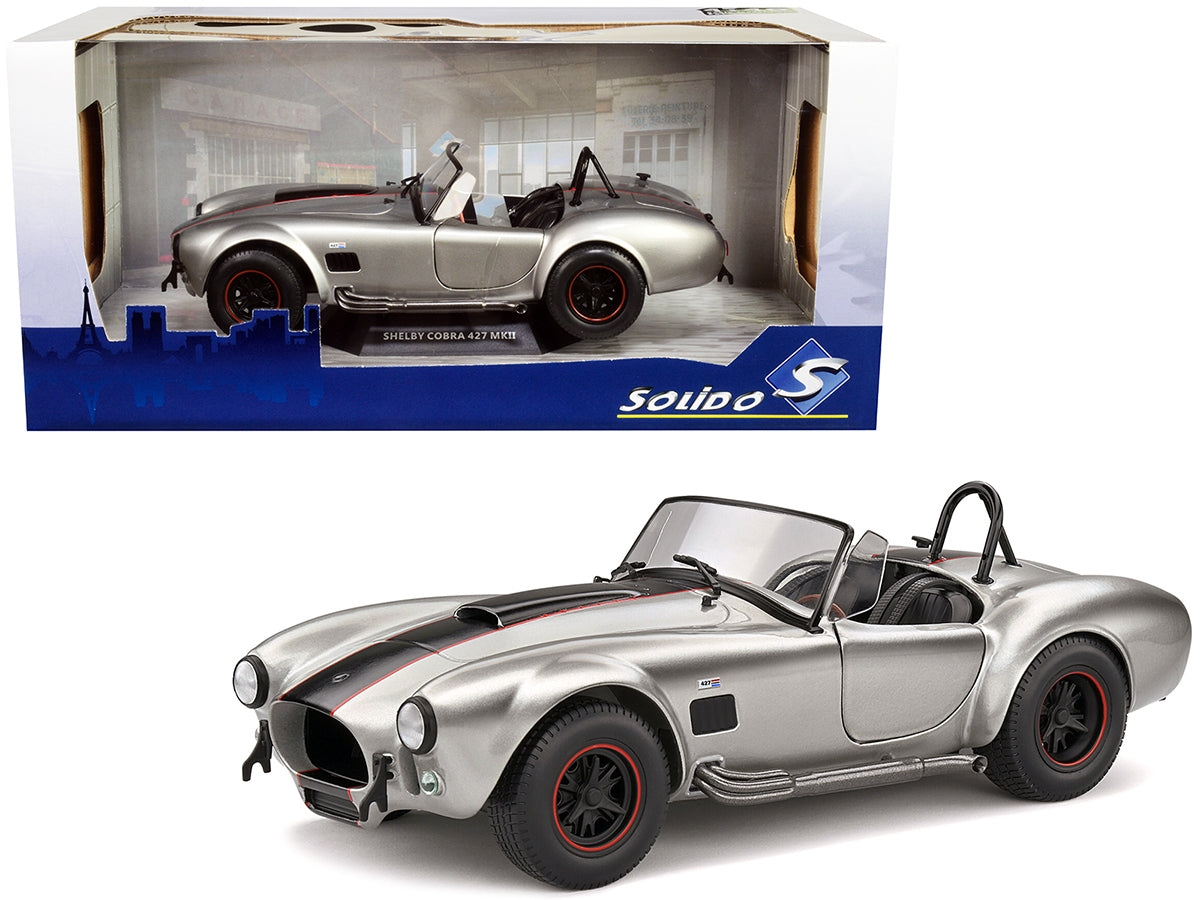 1965 Shelby AC Cobra 427 MKII Custom Silver Metallic with Red and Black Stripes 1/18 Diecast Model Car by Solido