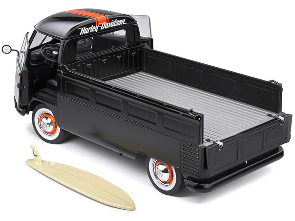 1950 Volkswagen T1 Custom Pickup Truck Matt Black with Orange Stripes "Harley Davidson" with Surfboard Accessory 1/18 Diecast Model Car by Solido