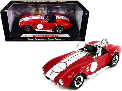 1965 Shelby Cobra 427 S/C Red with White Stripes with Printed Carroll Shelby's Signature on the Trunk 1/18 Diecast Model Car by Shelby Collectibles