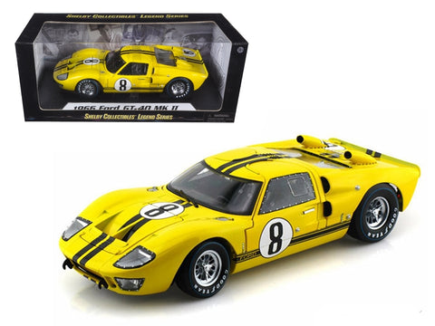 1966 Ford GT-40 MK II #8 Yellow with Black Stripes 1/18 Diecast Model Car by Shelby Collectibles
