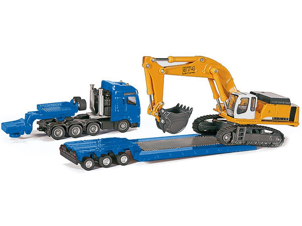 Heavy Haulage Flatbed Transporter Blue and Liebherr 974 Litronic Excavator Yellow 1/87 (HO) Diecast Models by Siku