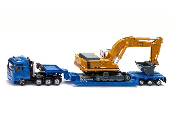 Heavy Haulage Flatbed Transporter Blue and Liebherr 974 Litronic Excavator Yellow 1/87 (HO) Diecast Models by Siku