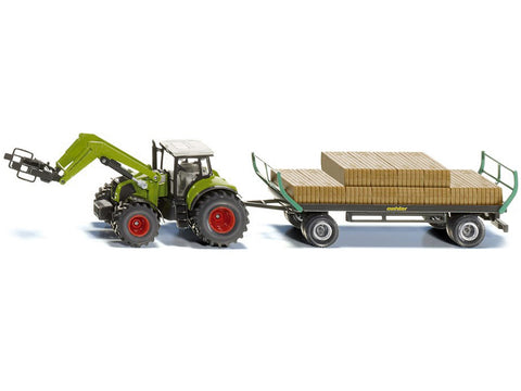 Claas Tractor with Square Bale Grab Green and Oehler Bale Trailer with 12 Hay Bales 1/50 Diecast Model by Siku
