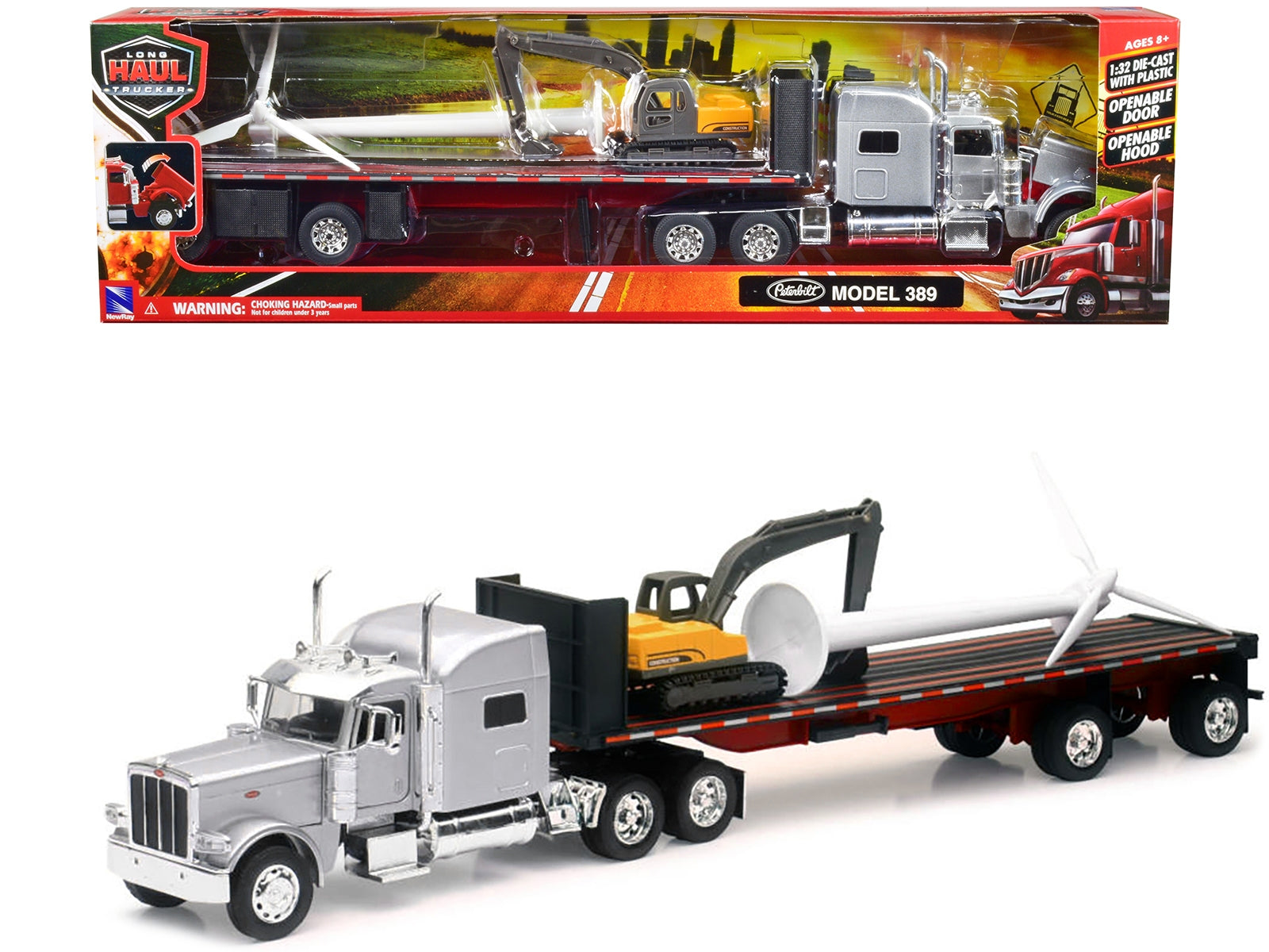 Peterbilt 389 Truck with Flatbed Trailer Silver Metallic with Excavator and Wind Turbine "Long Haul Truckers" Series 1/32 Diecast Model by New Ray