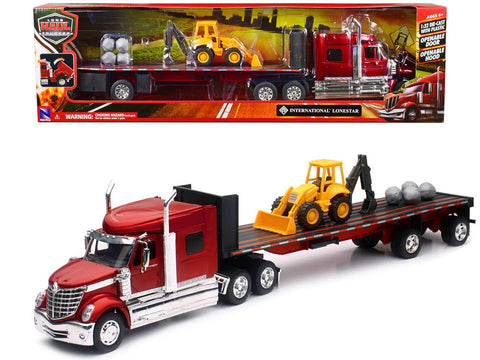 International Lonestar Truck with Flatbed Trailer Red Metallic with Front Loader and Rocks "Long Haul Truckers" Series 1/32 Diecast Model by New Ray