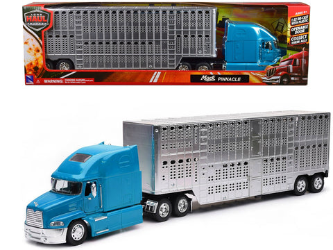 Mack Pinnacle Truck with Pot Belly Livestock Trailer Blue and Chrome "Long Haul Truckers" Series 1/32 Diecast Model by New Ray