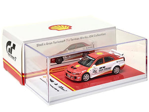 1998 Mitsubishi Lancer Evolution V GSR RHD (Right Hand Drive) Red and White with Yellow Stripes "Shell x Gran Turismo 7" Special Edition 1/64 Diecast Model Car by Tarmac Works