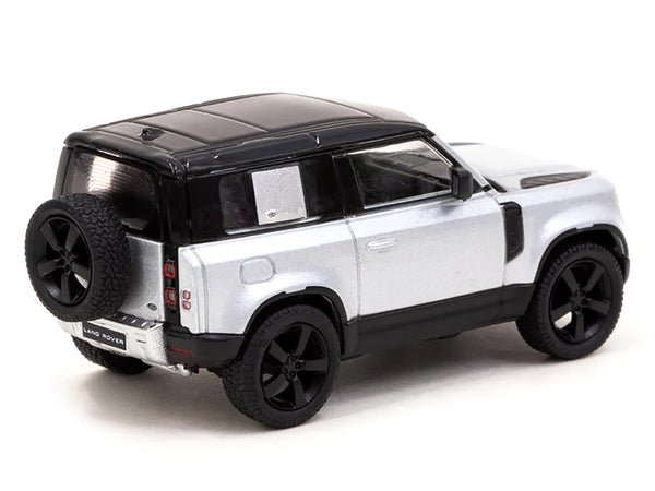 Land Rover Defender 90 Silver Metallic with Black Top "Global64" Series 1/64 Diecast Model Car by Tarmac Works