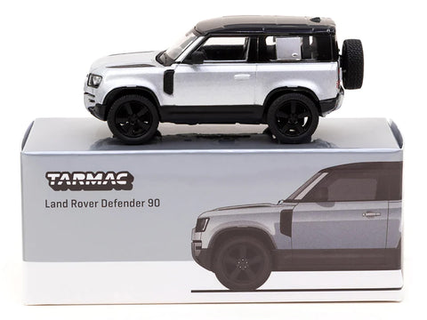 Land Rover Defender 90 Silver Metallic with Black Top "Global64" Series 1/64 Diecast Model Car by Tarmac Works