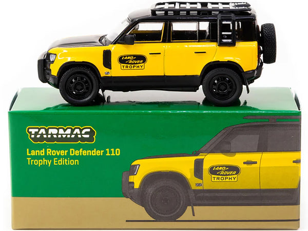 Land Rover Defender 110 "Trophy Edition" Yellow with Black Hood and Top and Roofrack "Global64" Series 1/64 Diecast Model by Tarmac Works