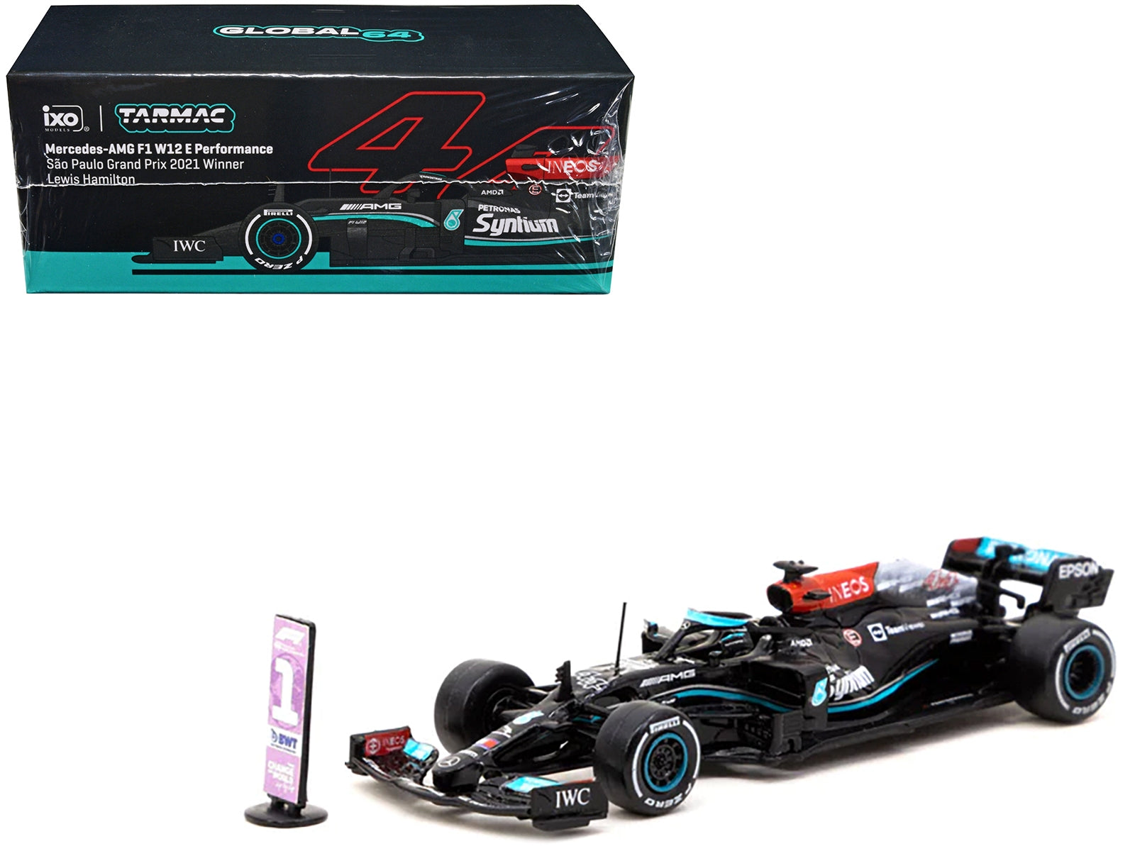 Mercedes-AMG F1 W12 E Performance #44 Lewis Hamilton Winner Formula One F1 Sao Paolo GP (2021) with Number Board "Global64" Series 1/64 Diecast Model Car by Tarmac Works