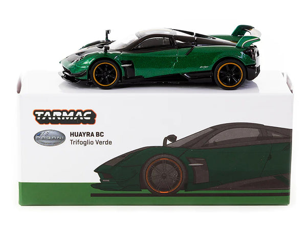 Pagani Huayra BC Trifoglio Verde Green Metallic and Black with Yellow Stripes "Global64" Series 1/64 Diecast Model by Tarmac Works
