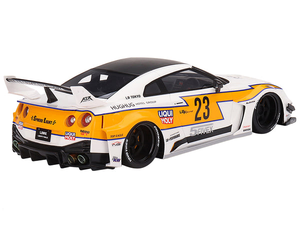 Nissan LB-Silhouette WORKS GT 35GT-RR Ver.1 RHD (Right Hand Drive) #23 White with Yellow Stripes "LB Racing" 1/18 Model Car by Top Speed