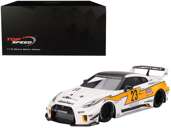 Nissan LB-Silhouette WORKS GT 35GT-RR Ver.1 RHD (Right Hand Drive) #23 White with Yellow Stripes "LB Racing" 1/18 Model Car by Top Speed